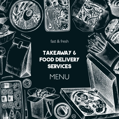 Engraved fast food background. Hand-drawn vector illustration on chalkboard. Burger, pizza box, paper bag, coffee cup sketch. Takeaway food menu design. Restaurant delivery banner template
